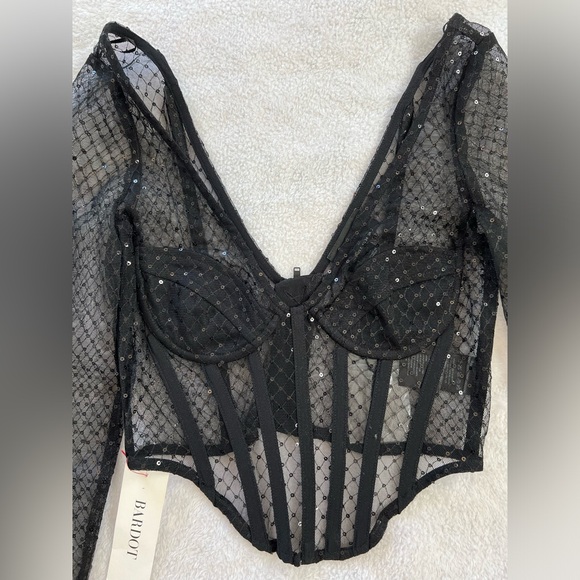 Bardot Sequin Mesh Corset Top in Black - Picture 5 of 6